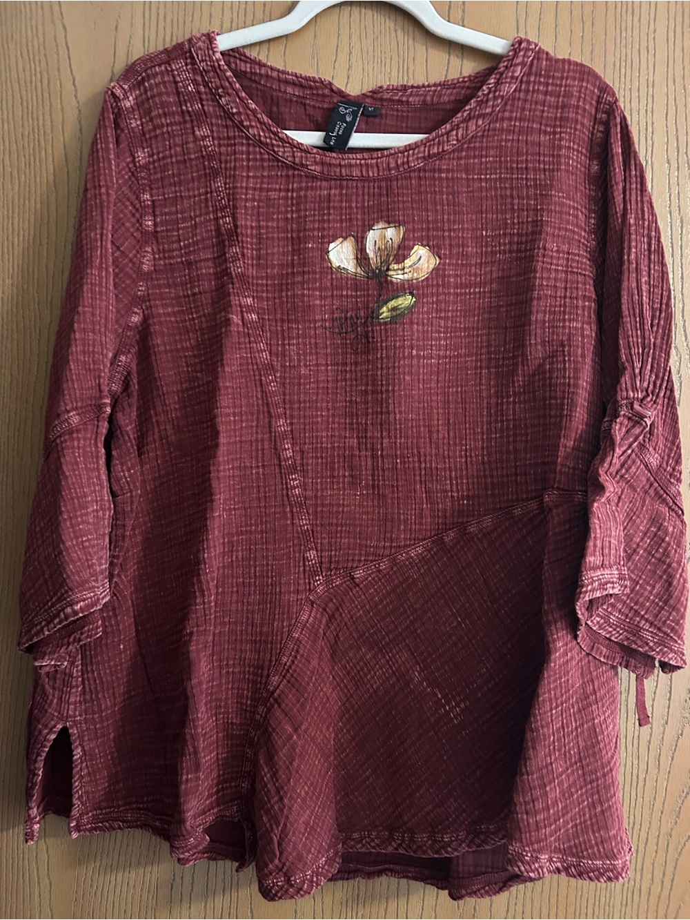 FOCUS Charming Wine Red Floral-Embroidered Women’s Top